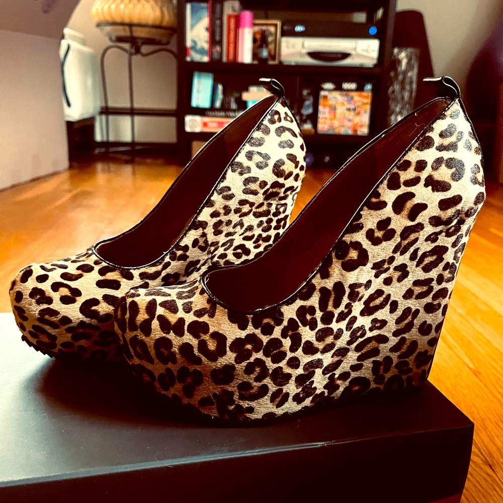 ALDO. Horsehair and leather wedge platform heels